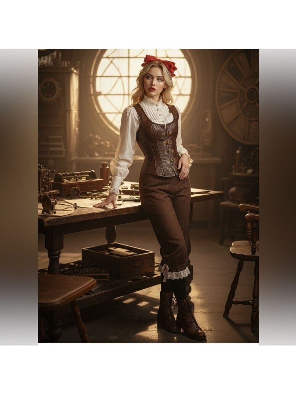 Brown Pin Stripe Lace Trim Corset Ribbon Steampunk Pants - Picture 4 of 16